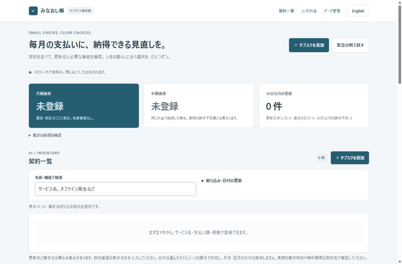 「みなおし帳」の契約・費用・更新日を一覧で整理する開発画面
